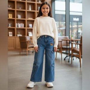 Soho Blue Wide Leg Cargo Denim Jeans with Butterfly Patch Girls Size 7